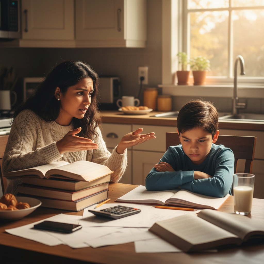 Une mère explique un devoir avec impatience à son jeune fils qui a l'air contrarié à table.