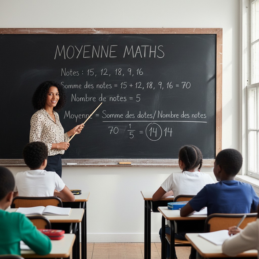 Une enseignante montre des calculs de moyenne inscrits sur un tableau noir à sa classe d'élèves attentifs.